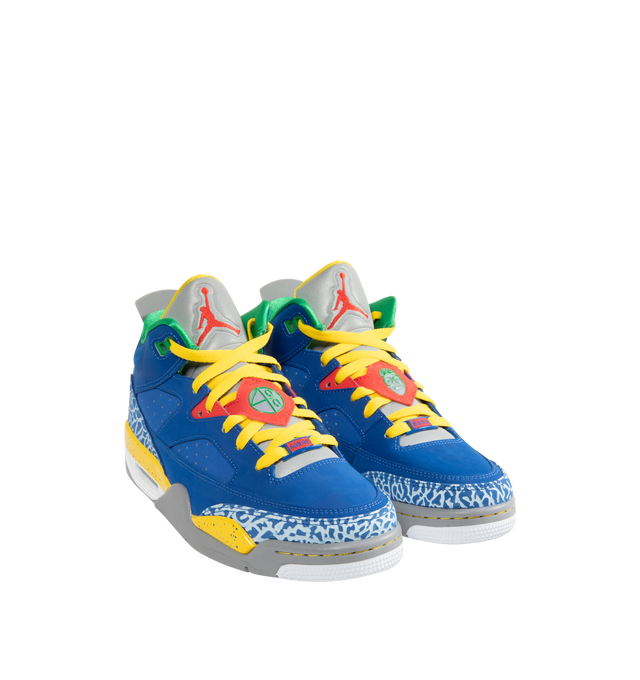 Image 2 of 5 - BLUE - Men's Jordan Son of Mars Low Sneakers feature real and synthetic leather overlays with perforated side panels for a durable, breathable design inspired by iconic Jordan heritage. These lifestyle sneakers combine a visible Air-Sole unit, a full-length foam midsole, and a durable rubber outsole for responsive cushioning, lasting stability, and everyday traction. Main Material: Real and Synthetic Leather. Midsole: Full-Length Foam with Visible Air-Sole Unit. Sole: Rubber. 