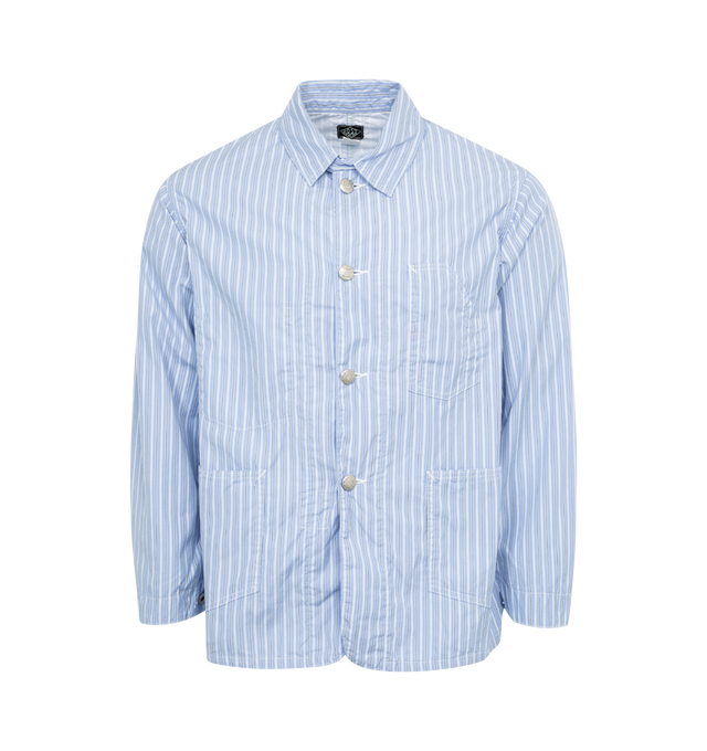BLUE - POST O'ALLS No.1 Jacket with a simple, yet refined 1910-20s style 3-pocket design. Crafted from blue and white striped broadcloth 100% cotton, lined. Made in Japan.