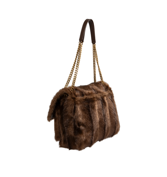 Image 3 of 4 - BROWN - Saint Laurent Niki Large Faux Fur Shoulder Bag has a flap top with a magnetic closure, a sliding chain and leather shoulder strap that can be doubled for hand carrying, and gold-toned hardware. 9.1 H x 12.6 W x 3.5 D inches. Made in Italy.  