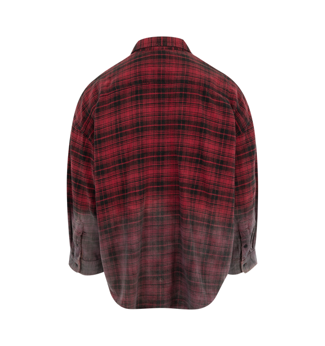 Image 2 of 2 - RED - R13 Drop Neck Plaid Work Shirt has a spread collar, a button front closure, front patch pockets, fading around the bottom half, and button cuffs. Made in Italy.  