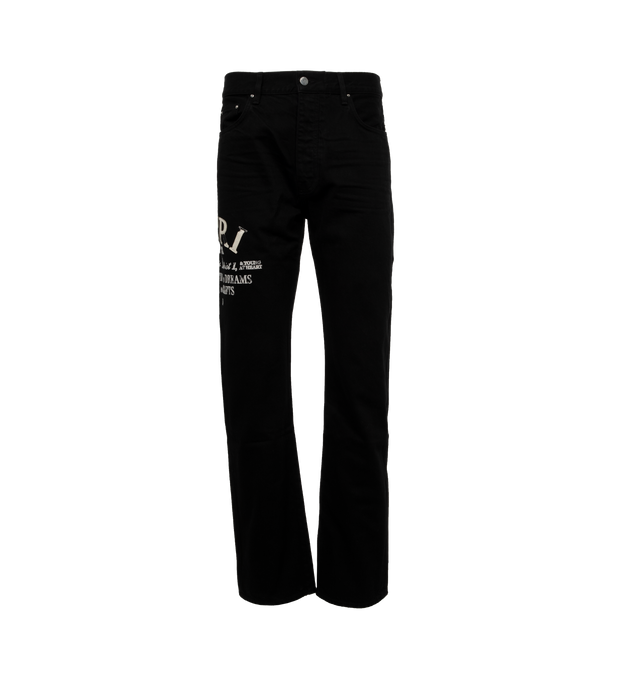Image 1 of 3 - BLACK - AMIRI Distressed Arts District Jeans featuring belt loops, five-pocket styling, button-fly, logo embroidered at outseam, leather logo patch at back waistband, logo plaque at back pocket and logo-engraved silver-tone hardware. 100% cotton. Made in United States. 