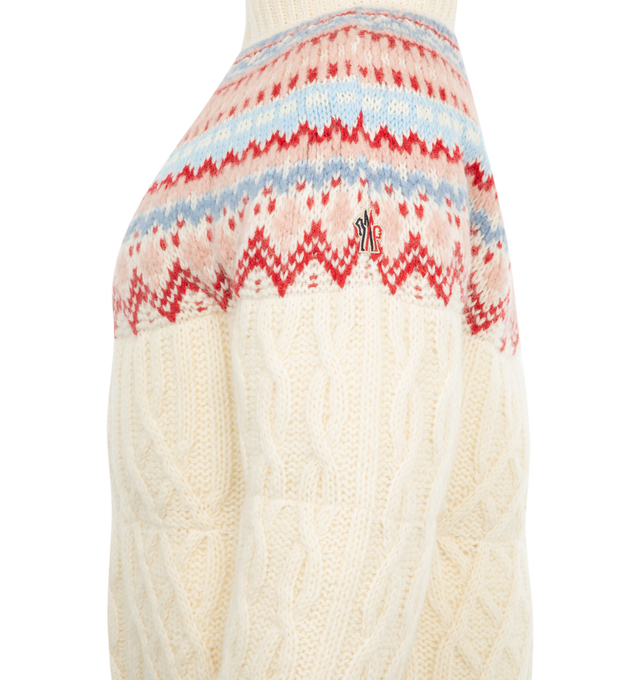 Image 3 of 3 - WHITE - Moncler Grenoble Fair Isle Cardigan has a stand collar, double zipper front closure, ribbed trims, and a Fair Isle design. 65% wool, 21% mohair, 14% polyamide. Made in Turkey.has a stand collar, double zipper front closure, ribbed trims, and a Fair Isle design. 65% wool, 21% mohair, 14% polyamide. Made in Turkey. 