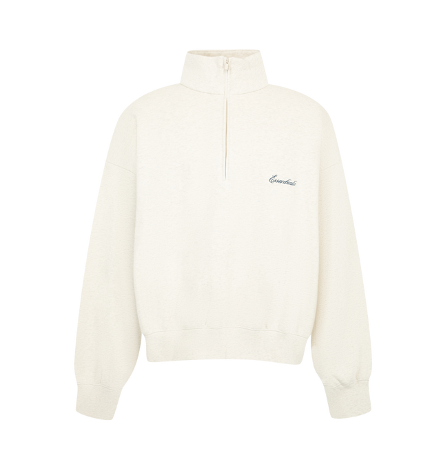 Image 1 of 2 - CREAM - Fear of God ESSENTIALS Men's Signature Classic Half-Zip Sweatshirt is crafted from heavyweight 380 GSM core fleece and features a relaxed-fit silhouette with a high neckline and half-zip front closure. Designed with an embroidered ESSENTIALS signature logo at the front, this elevated everyday layer is finished with rib-knit cuffs and hem, while a signature ESSENTIALS label at the back collar completes the design. Main Material: 80% Cotton, 20% Polyester, 380 GSM Core Fleece. Imported. 