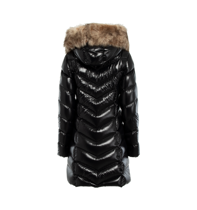Image 2 of 3 - BLACK - MONCLER Marre Long Down Jacket featuring nylon laqu lining, down-filled, hood, detachable shearling trim, two-way zip closure and zipped pockets. 100% polyamide/nylon. Padding: 90% down, 10% feather. Fur: Sheep. 