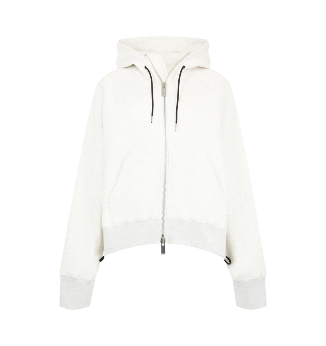 Image 1 of 3 - WHITE - Sacai Womens Cotton Jersey Hoodie is crafted from soft cotton jersey. Features an adjustable drawstring hood, drawstring hem, long sleeves, ribbed cuffs, and a relaxed fit. Main Material: 100% Cotton. Made in Japan. 