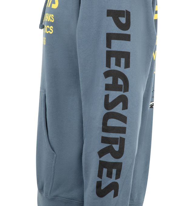 Image 3 of 3 - BLUE - PLEASURES Sections Hoodie featuring drawstring hood, front kangaroo pocket,ribbed cuffs and trim and screenprint at front and back. 70% cotton, 30% polyester. 