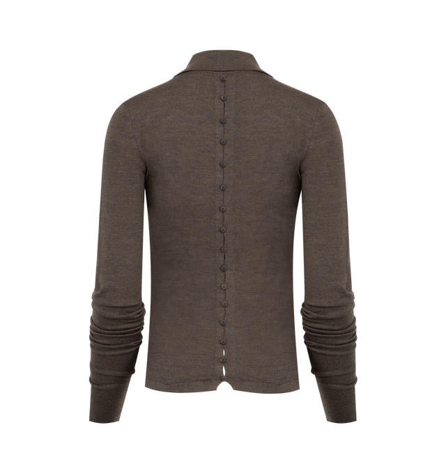 Image 2 of 2 - BROWN - JACQUEMUS Merino Polo Shirt featuring sheer knit, fitted shape, light merino blend knit, ribbed hem, embroidered J on the collar, long polo placket, stretched open buttonholes, fitted buttoned sleeves, fully buttoned back and small horn buttons. 98% merino wool, 2% polyamide. Made in Romania. 