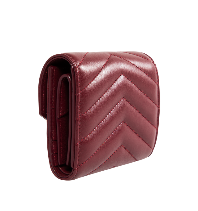 Image 2 of 3 - RED - Saint Laurent YSL Chevron Wallet has a snap-button closure, gold tone hardware, 5 card slots, a coin pocket, and a bill compartment. 100% lambskin. 4.1 x 3.5 x 1.2 inches. Made in Italy.  