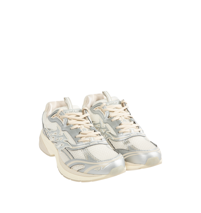 Image 2 of 5 - WHITE - Amiri Men's Metallic M-Tech Sneakers feature a mixed silver mesh-and-leather upper with metallic detailing and the signature MA icon. Inspired by technical running shoes, the design is set on a sculpted rubber sole. Main Material: 100% Polyurethane. Upper: Mesh and Leather. Sole: Rubber. Made in Vietnam. 