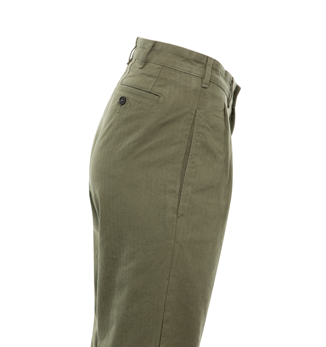 Image 3 of 3 - GREEN - NOAH Double-Pleat Herringbone Pant featuring double-pleated front with zip-fly and button closure. Side seam pockets, besom back pockets with button closures. 100% cotton. 