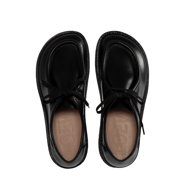 Image 4 of 4 - BLACK - LOEWE Faro Lace Up in pull-up calfskin featuring a moc-toe construction and a bulky toe shape outlined by leather piping, flat cotton laces, calfskin lining, Anagram embossed rubber sole and LOEWE embossed label on the side. Pull-up calfskin. 