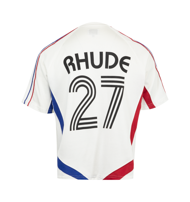 Image 2 of 2 - WHITE - RHUDE 27 Jersey Tee featuring crew neck, short sleeves, striped down side and graphic on front and back. 