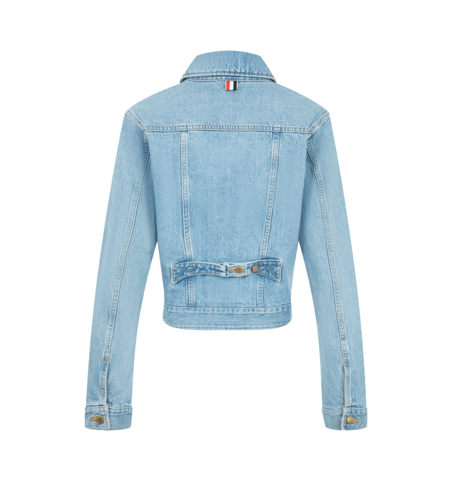 Image 2 of 3 - BLUE - Thom Browne Womens Shrunken Denim Jacket is crafted from 13.75 oz Japanese selvedge denim. Features a shrunken fit, button-front closure, buttoned flap chest pockets, striped oxford-lined back yoke, button-fastening backstrap, buttoned cuffs with internal RWB grosgrain trim, and signature striped grosgrain loop tab. Main Material: 100% Cotton. Made in Japan. 