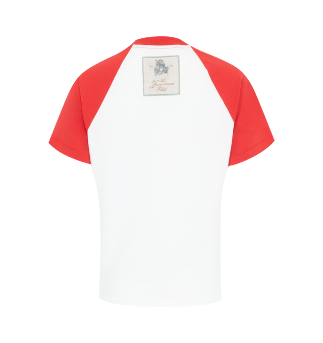 Image 2 of 2 - RED - Jacquemus Baseball mini t-shirt with a fitted shape, contrast crewneck and raglan short sleeves, contrast embroidered signature logo and Jacquemus Club label on the back. 94% Cotton - 6% Elastane. Made in Portugal. 