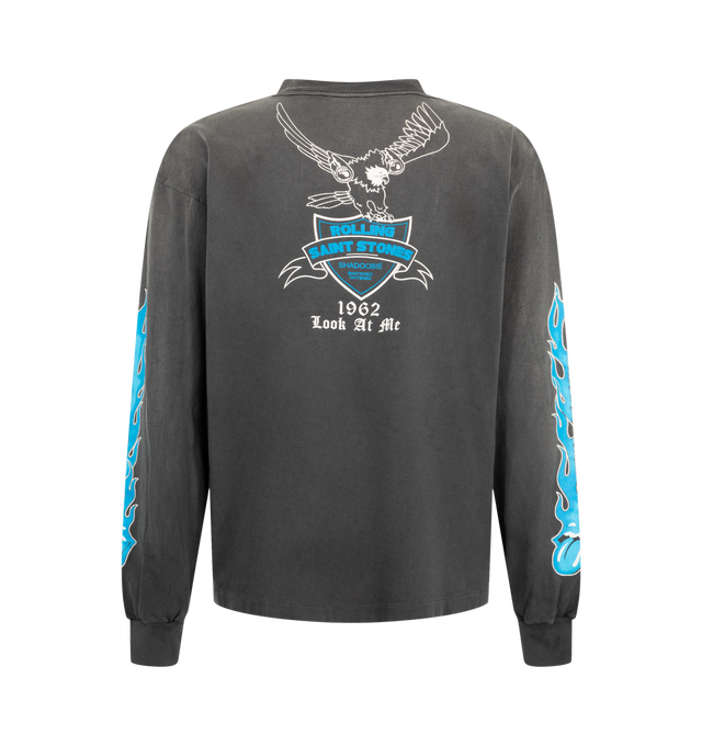 Image 2 of 3 - GREY - Saint Mxxxxxx x The Rolling Stones Men's 'Saint-Sinner' Long-Sleeved Shirt is crafted from cotton and features exclusive The Rolling Stones graphics with artwork printed throughout. Designed with a classic crew neckline, long sleeves, and a relaxed fit. Main Material: 100% Cotton. Made in Japan. 