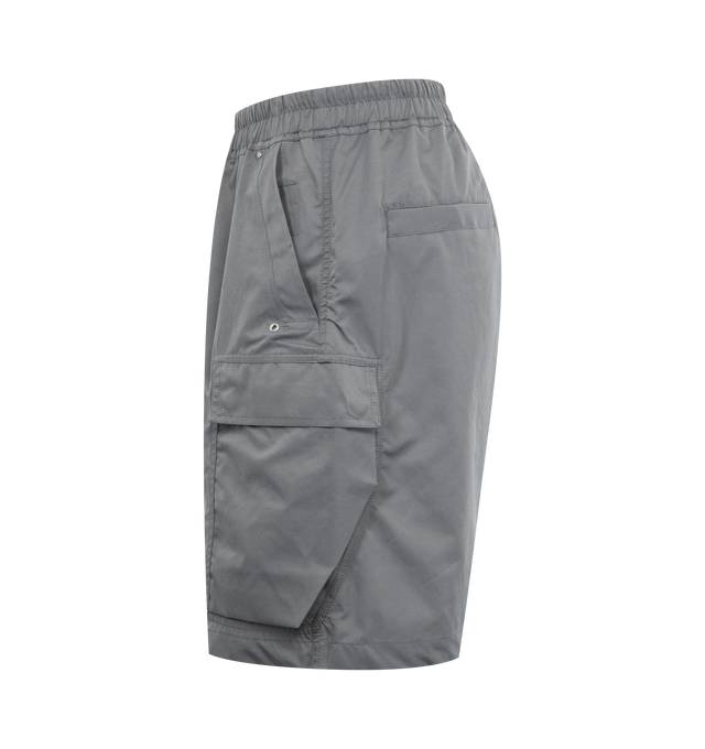 Image 3 of 3 - GREY - DARK SHADOW Cargobela Shorts featuring elongated drawstrings at the waistband, cargo pockets, side slit pockets and pulls on. 53% nylon, 47% cotton. 