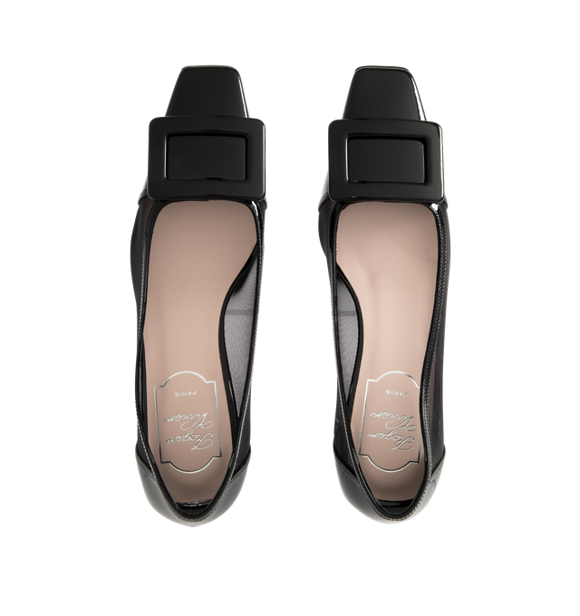 Image 4 of 4 - BLACK - Roger Vivier Patent Buckle Ballerina Pumps are a slip on style with square toes, toanl buckle accents, and nylon mesh. Made in Italy.  