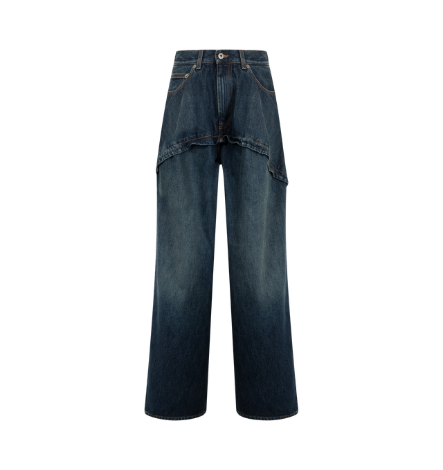 Image 1 of 3 - BLUE - Loewe Womens Washed Cotton Denim Jeans are crafted from medium-weight washed cotton denim. Features a relaxed fit, regular length, mid-rise waist, asymmetric paneled construction, concealed zip fly, slash pockets, rear patch pockets, and LOEWE embossed leather and suede patch at the back. Main Material: Cotton. Made in Italy. 