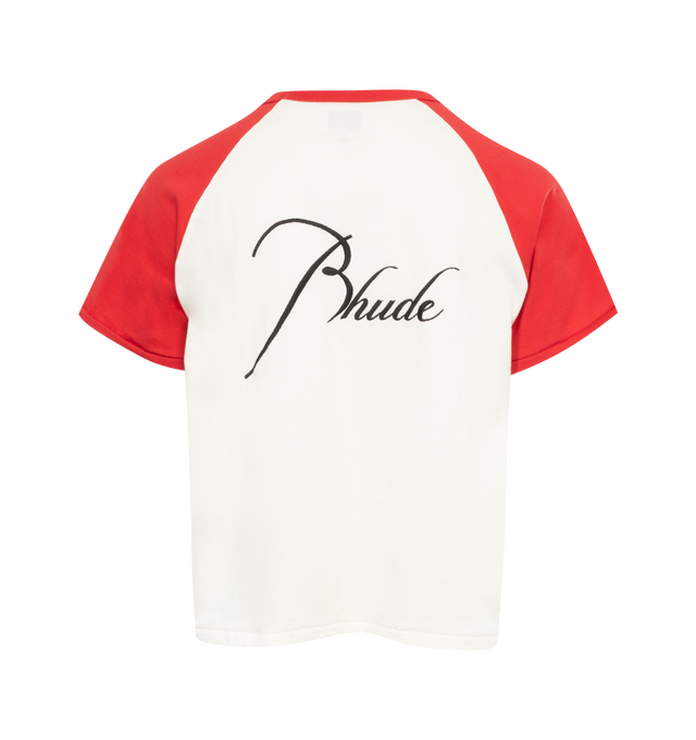Image 2 of 2 - WHITE - RHUDE Raglan Tee featuring crew neck, contrast sleeves, logo on front and script logo embroidery at the back. 100% cotton. 