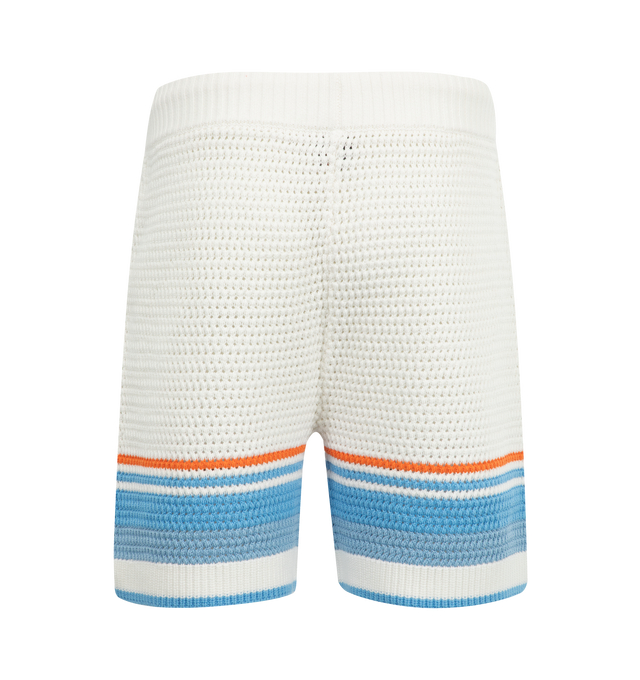 Image 2 of 3 - WHITE - CASABLANCA Tennis Crochet Shorts featuring crochet cotton fabric, relaxed fit, diamond logo, an elasticised waistband, in-seam pockets, and striped hem detail. 100% cotton. Made in China. 