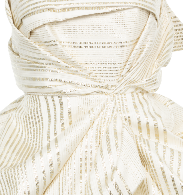 Image 3 of 3 - WHITE - CHRISTOPHER JOHN ROGERS Metallic Stripe Mini Dress featuring draping throughout, mini length, strapless, metallic stripes, layered detail and ruffles underneath. 70% viscose, 20% nylon, 10% metallic polyester.  