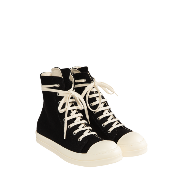 Image 2 of 5 - BLACK - DRKSHDW Vintage Sneaks Sneakers featuring high-top 13 oz GOTS-certified organic cotton, overdyed, faux-leather cap toe, lace-up closure, eyelets at sides, zip closure at inner side, twill lining and treaded rubber sole. Upper: textile. Sole: rubber. Made in Italy. 