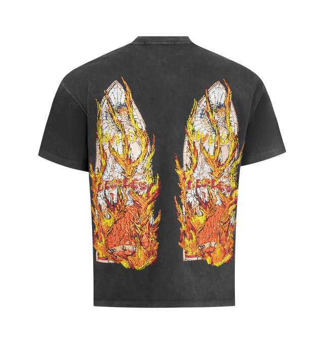 Image 2 of 2 - BLACK - WHO DECIDES WAR Rhinestone Flame Glass Jersey Tee featuring pull-on styling, short sleeves, crewneck, front and back graphic with rhinestone embellishments and midweight jersey. 100% cotton. Made in Turkey. 