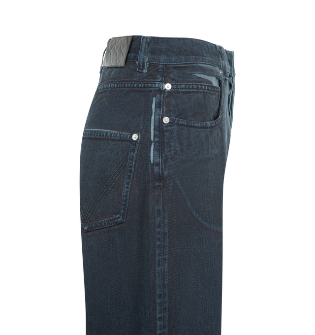 Image 3 of 3 - BLUE - Bottega Veneta Mens Wide-Leg Jeans are crafted from overdyed washed denim. Feature a high-rise waist, wide-leg silhouette, button closure, and embossed Intrecciato leather patch at the back waist. Main Material: Denim; Trim: Leather. Made in Italy. 