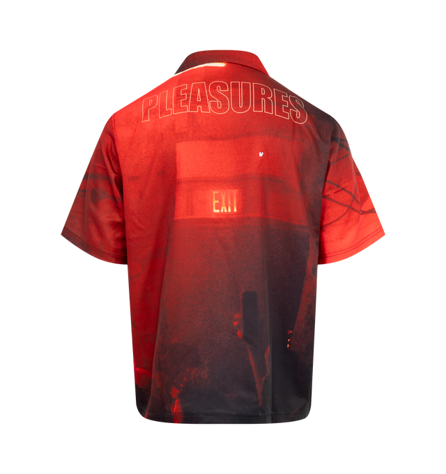 Image 2 of 2 - RED - PLEASURES Venue Button Up Shirt featuring camp collar, short sleeve, button front closure and print throughout. 100% polyester. 