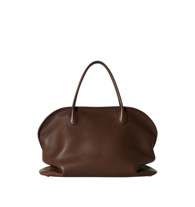 Image 1 of 3 - BROWN - THE ROW Agnes 15 Bag featuring softly structured top-handle bag in grained saddle leather with tubular handles, gusseted side folds, flat base, and curved top zipper closure. 17.52 x 9.85 x 8.66 in. 100% calfskin leather. Made in Italy. 