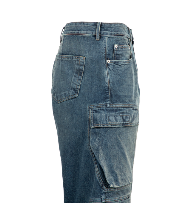 Image 3 of 3 - BLUE - RICK OWENS DRKSHDW Double Cargo Jeans featuring medium-weight denim with fading and whiskering, regular rise, five-pocket style, two flapped cargo pockets on each leg, shaping darts at inner thighs and back pockets, loose fit through straight legs, button closure and zip fly. Cotton/polyester. Made in Italy. 