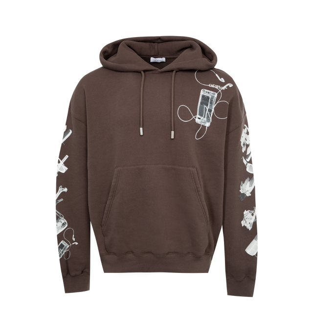 BROWN - OFF-WHITE scan print hooded sweatshort featuring kangaroo pocket, long cuffed sleeves in an oversize fit. 100% cotton. Made in Portugal.
