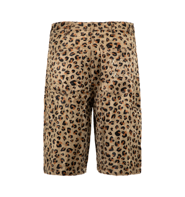 Image 2 of 4 - NEUTRAL - Human Made Men's Leopard Shorts are crafted from a cotton-rayon blend with a smooth pile texture and feature a wide, relaxed-fit silhouette inspired by rock-and-roll style. Designed with a vintage-washed finish, these statement shorts are detailed with a chain-stitched Human Made logo at the front hem, a brand message at the back pocket, and a convenient side pocket sized to fit an iPhone. Main Material: Cotton/Rayon Blend. Fit: Wide, Relaxed. Pockets: Side Pocket, Back Pocket. Deta 