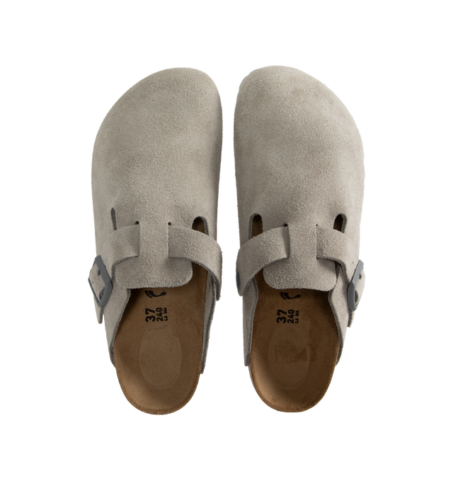 Image 4 of 4 - GREY - BIRKENSTOCK Boston Suede Slides featuring narrow width, contoured footbed for legendary BIRKENSTOCK support, classic suede upper, printed microfiber footbed lining, EVA sole is flexible & lightweight and adjustable strap with metal pin buckle. Upper material: suede. Insole: natural leather. Footbed material: cork. Outsole: EVA. Made in Germany. 