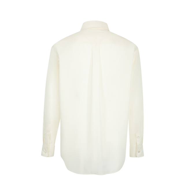 Image 2 of 2 - WHITE - The Row Men's Victor Shirt is crafted from washed cotton-silk poplin and features a relaxed button-up silhouette with a center-back box pleat, curved hem, and rounded sleeve cuffs. Designed with an exposed front placket and mother-of-pearl buttons, this refined wardrobe staple balances the crisp structure of cotton with the soft drape and subtle luster of silk. Main Material: 80% Cotton, 20% Silk. Made in Italy. 