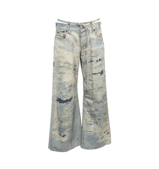 Image 1 of 4 - BLUE - ACNE STUDIOS 2004 trousers feature a seasonal trompe-l'il digital print with an optical illusion denim effect on cotton canvas with a brushed and mineral tinted finish. Detailed with a matching thin belt above the waistband. Cut to a regular fit with a low waist, flared leg, ankle length and button fly. 100% Cotton. 