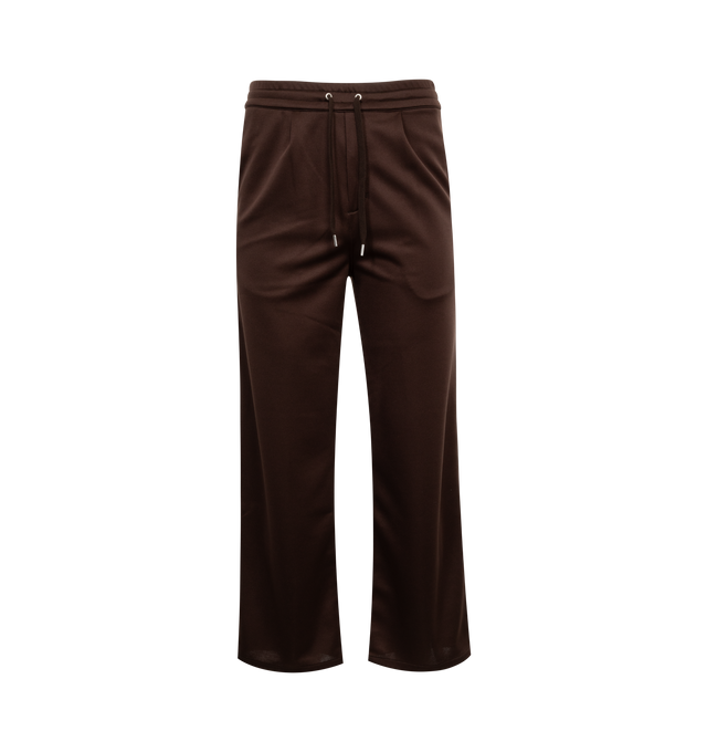 BROWN - SECOND LAYER Team Sweatpants featuring elasticated waist band with draw cord on outside, dual front side pockets, wide leg, relaxed fit and a small front pleat. Made in Japan. 