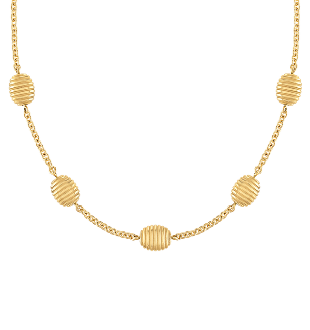 Image 2 of 2 - GOLD - Pamela Zamore Isla Station Necklace is expertly made in 18-karat yellow gold with a sandblasted finish. Length 16''. Hirshleifers offers a range of pieces from this collection in-store. For personal consultation and detailed information about jewelry, please contact our dedicated stylist team at personalshopping@hirshleifers.com. 