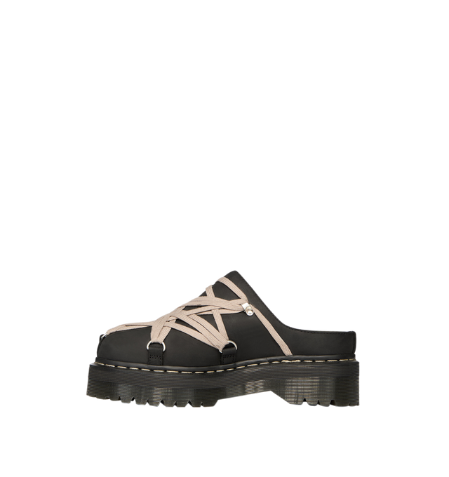 Image 5 of 5 - BLACK - Dr. Martens x Rick Owens FW26 Quad Sole Megalace Mule in Nubuck Leather. These Women's Dr. Martens mules are reimagined by Rick Owens and feature pearl Megalace lacing and palladium-finish hardware, including eyelets and hooks. They are finished with a Quad sole and a yellow and pearl welt stitch. This heavyweight nubuck cow leather has a flat, matte surface finish and an oily handfeel. Material: Upper: 100% Cow Leather; Upper Lining: 100% Cow Leather; Sole: 100% Polyvinyl Chloride. * 