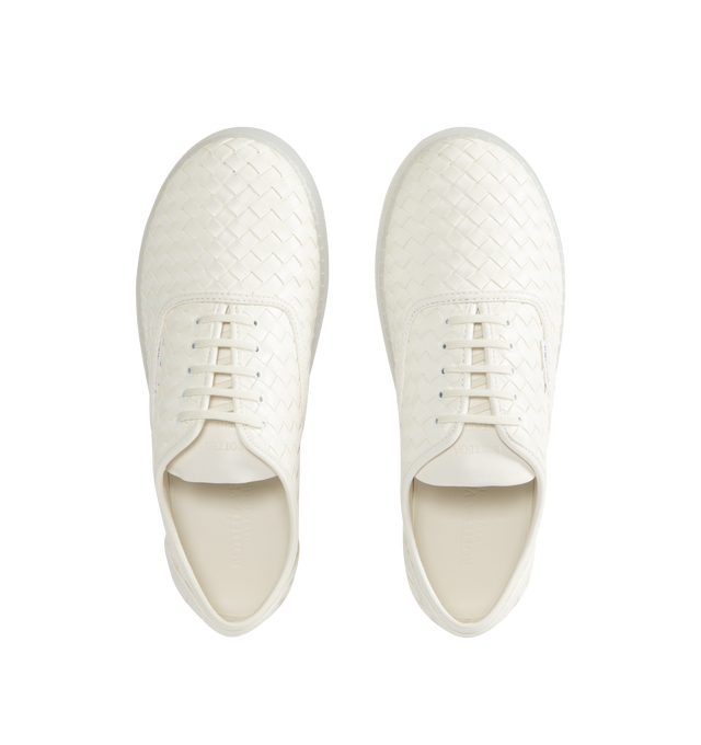 Image 5 of 5 - WHITE - BOTTEGA VENETA Serena Intrecciato Leather Sneakers featuring a heel logo patch, round toe, lace-up style, leather upper, leather lining and leather sole. Made in Italy. 