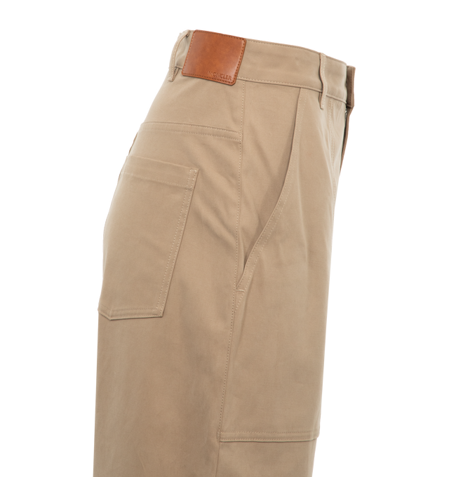 Image 3 of 4 - BROWN - MONCLER Wide Leg Trousers featuring high waist, oversized front pockets, two back pockets, button zip closure, wide flare legs and belt loops. 100% cotton.  