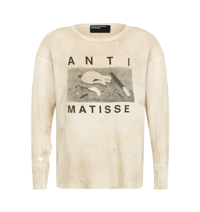 Image 1 of 2 - WHITE - ENFANTS RICHES DEPRIMES Anti Matisse Thermal LS T-Shirt featuring long-sleeve thermal shirt, a bound neckline, engineered rib-knit cuffs, flatlock stitching throughout, printed artwork at the front and back and distressing throughout. 100% cotton. Made in Japan. 