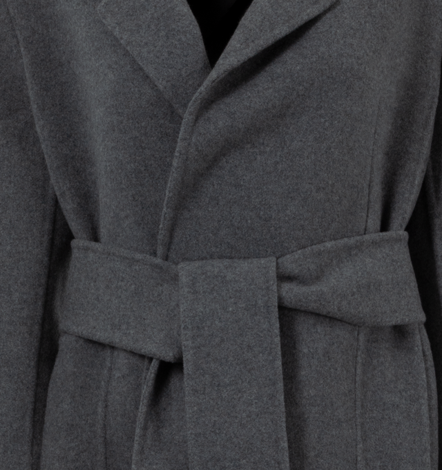 Image 3 of 3 - GREY - KHAITE Annly Coat featuring an enveloping silhouette with dropped, jutting shoulders, slightly longer-length sleeves, tie belt to cinch in at the waist and internal shoulder pads. 100% wool. 