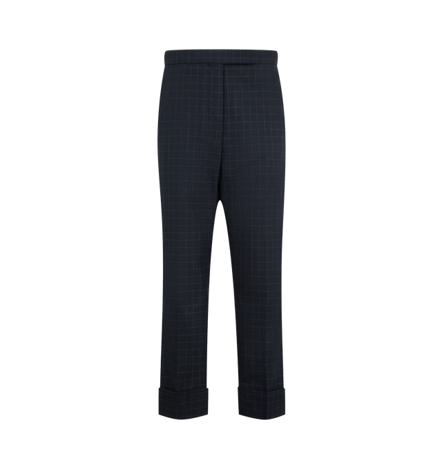 Image 1 of 3 - NAVY - Thom Browne Women's Classic Backstrap Trouser with Self Tipping in Windowpane Check Cotton Wool Suiting is tailored from a cotton-blend suiting fabric and features a refined windowpane check pattern and its signature backstrap detail.  Main Material: Cotton Blend. 