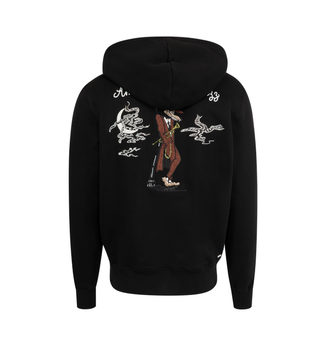 Image 2 of 2 - BLACK - Amiri Jazz Wolf Hoodie has an attached drawstring hood, a 2-way zip front closure, brand embroidered motifs detailed with sequins at the front and back, side pockets, and ribbed trims. 100% cotton. 