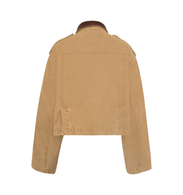 Image 2 of 4 - BROWN - RUADH The Henderson Jacket featuring a swing silhouette, leather collar, signature gold branded RADH hardware details, crafted in regenerative cotton canvas, exaggerated sleeve shape, drop shoulder, two way zipper with branded snap closure  and bound seams at interior. 100% regenerative cotton canvas. Made in the USA. 