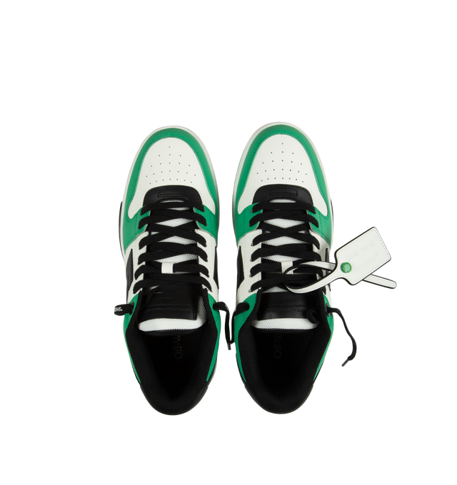 Image 5 of 5 - GREEN - OFF-WHITE Out of Office sneaker combines street, basketball and running styles heavily influenced by 90s subculture. Constructed with a calf leather upper and rubber sole. Lining: 18% Polyester,  82% Recycled Polyester. Outer: 89% Leather, 11% Recycled Polyester. Sole: 100% Rubber. 