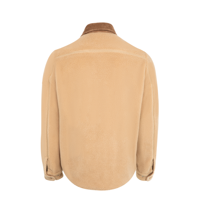 Image 2 of 3 - BROWN - MONCLER Teddy Corduroy-Trimmed Shirt Jacket featuring wool blend teddy fleece, polyester lining, corduroy collar, long sleeves, zipper and snap button closure, pockets with snap button closure and inner zipped pocket. 76% polyester, 24% wool. Lining: 100% polyester. Made in Romania. 