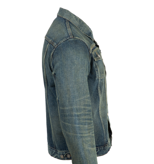 Image 3 of 3 - BLUE - SAINT LAURENT Extra Fitted Denim Jacket featuring front button closure, two welt pockets at the front, two reverse patch pockets with buttoned flap at the chest, pointed collar and one-button cuffs. 98% cotton, 2% elastane. 