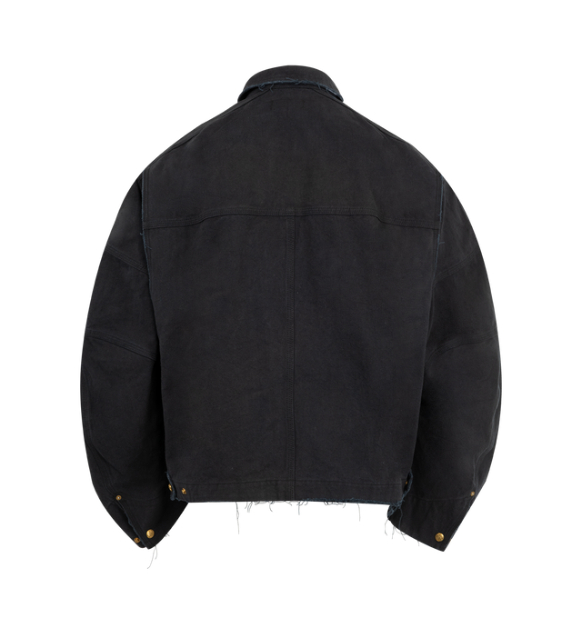 Image 2 of 3 - BLACK - WILLY CHAVARRIA Stockton Work Jacket featuring an oversized fit, structured design, two chest flap pockets with button closures, full zip front with a high collar and embroidered logo detail on the front. 100% cotton canvas. Made in the USA. 